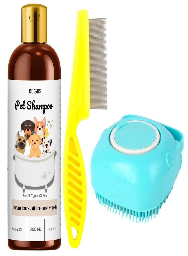 REGIIS Pet Grooming Kit with Shampoo 200ml, Flea Comb, Silicone Bath Brush, All-in-One Pet Care Set(PACK OF 3) - Image 1